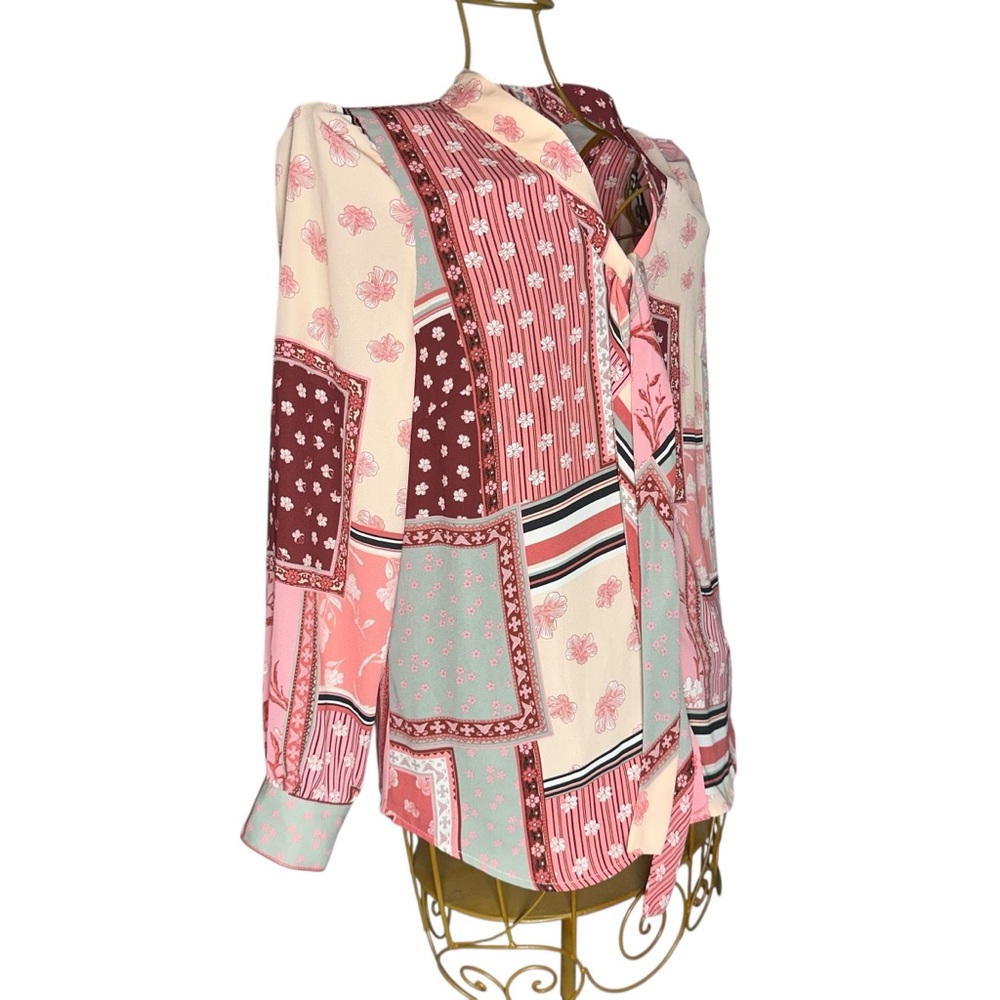 Talbots Tie Neck Top Rose Patchwork Pattern Long … - image 4